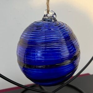 Hand Blown Ribbed Blue Glass Ornament Sun Catcher